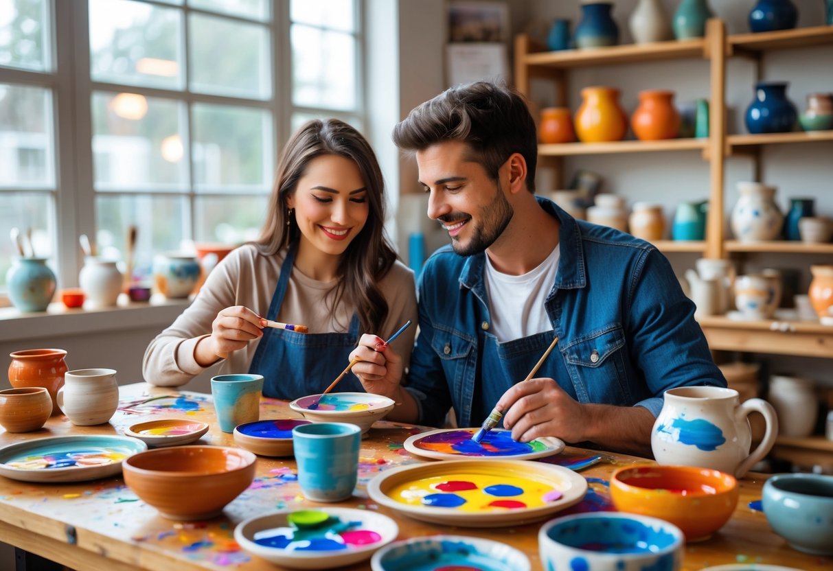 A young couple painting pottery together at a table in a bright, cozy studio.