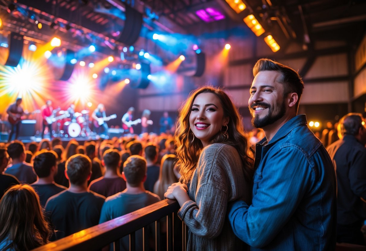 A couple enjoying a live concert at an indoor music venue with a crowd and colorful stage lights.