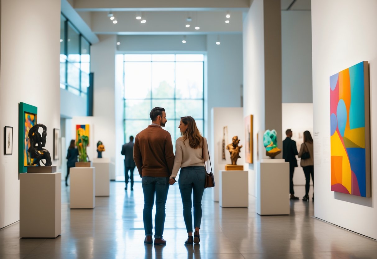 A couple looking at paintings and sculptures inside an art museum gallery.