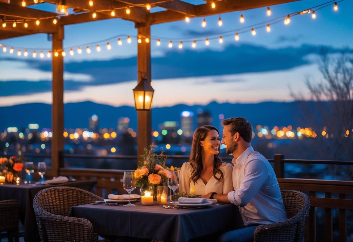 A couple enjoying a romantic outdoor dinner at a cozy restaurant with warm lights and a city skyline in the background during twilight.