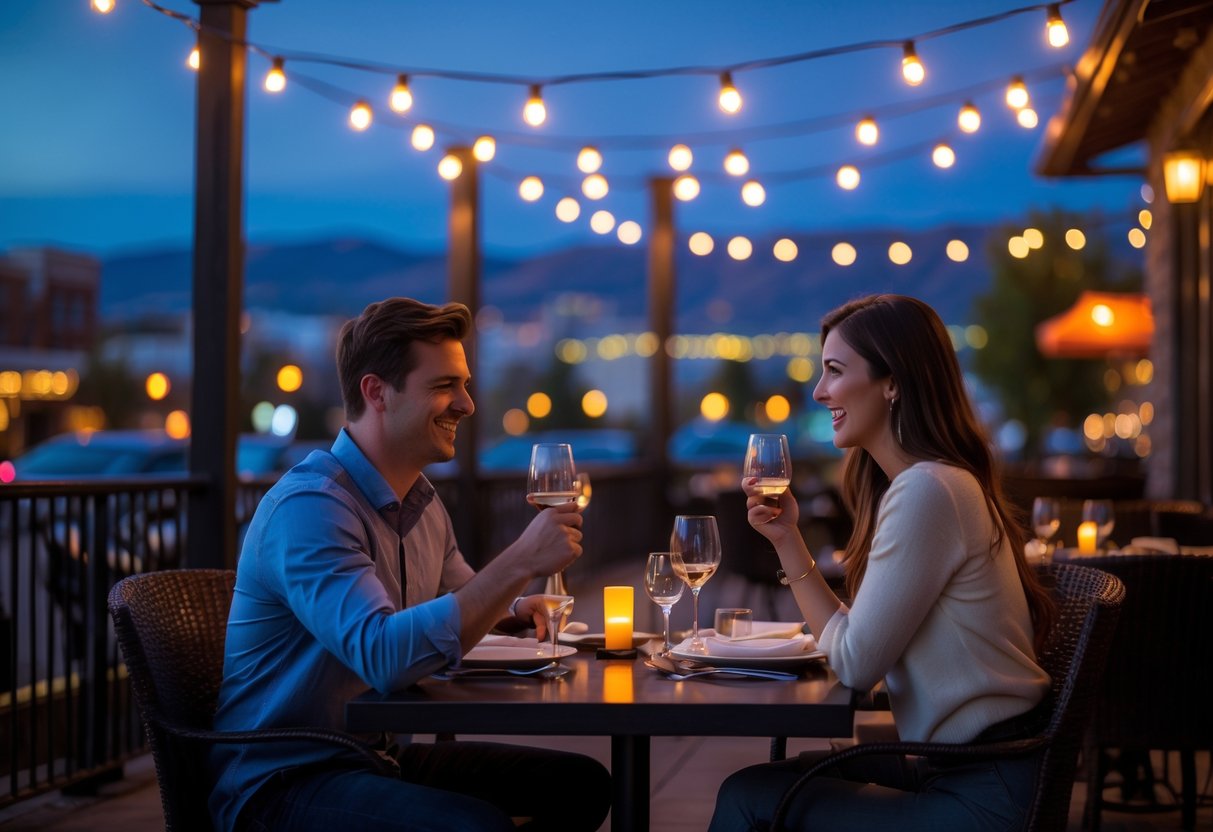 A couple enjoying a romantic outdoor dinner at a restaurant patio in Boise during twilight.