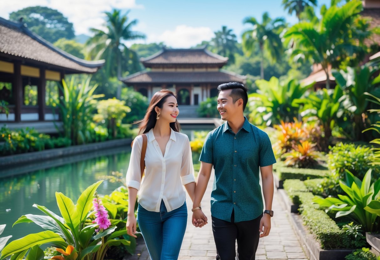 A couple walking hand in hand along a garden path near a lake with tropical plants and traditional buildings in the background.