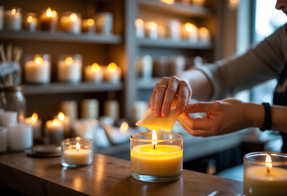 Hands pouring melted wax into a glass container at a candle bar with shelves of candles in the background.