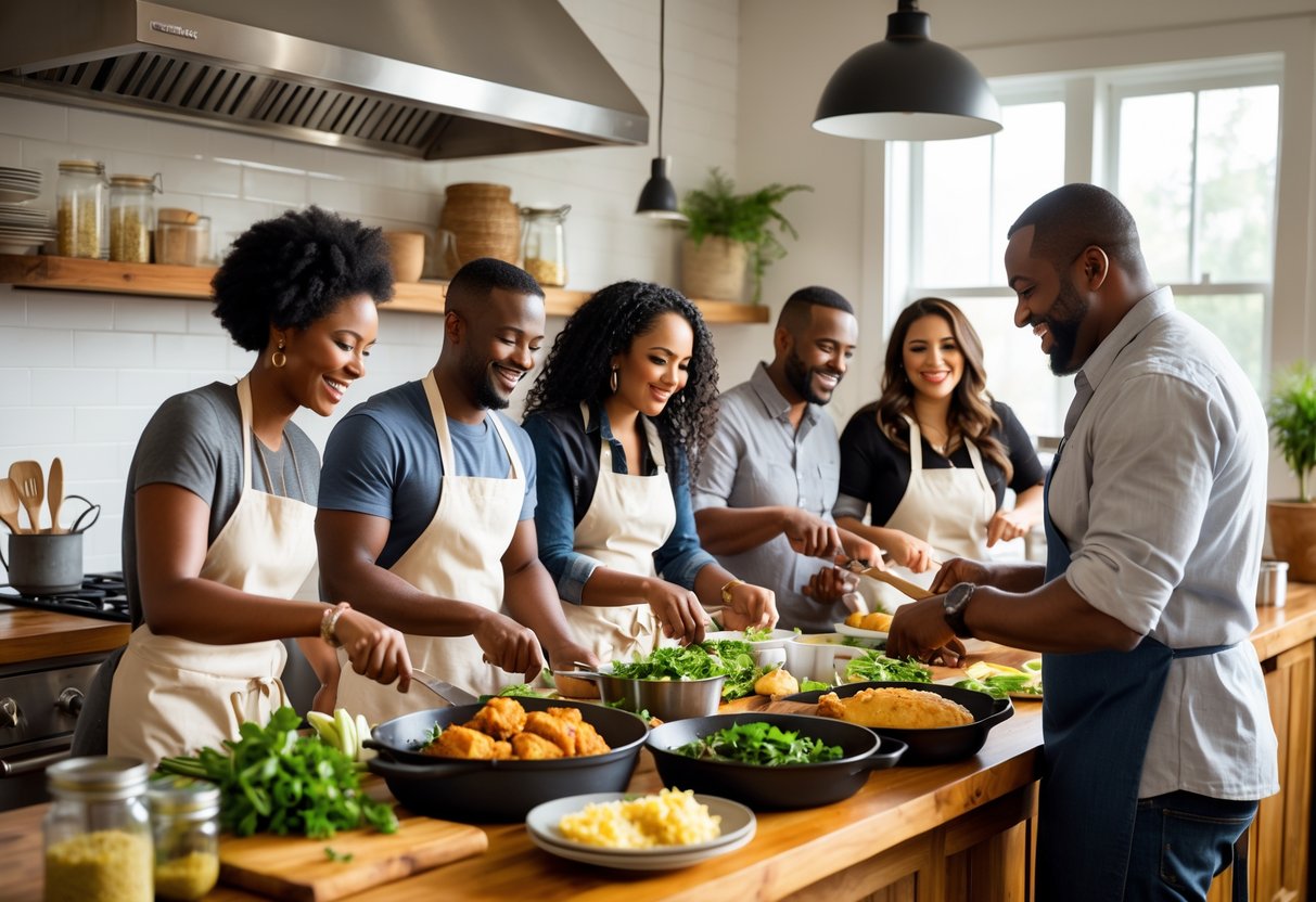 Couple and group of people cooking traditional Southern dishes together in a bright kitchen during a cooking class.