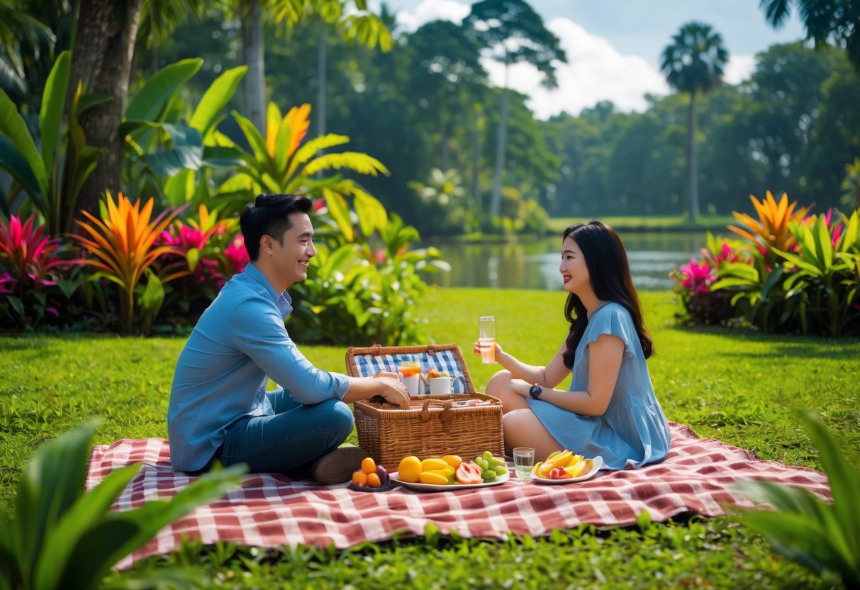 A young couple having a picnic on a blanket in a green park surrounded by trees and flowers.
