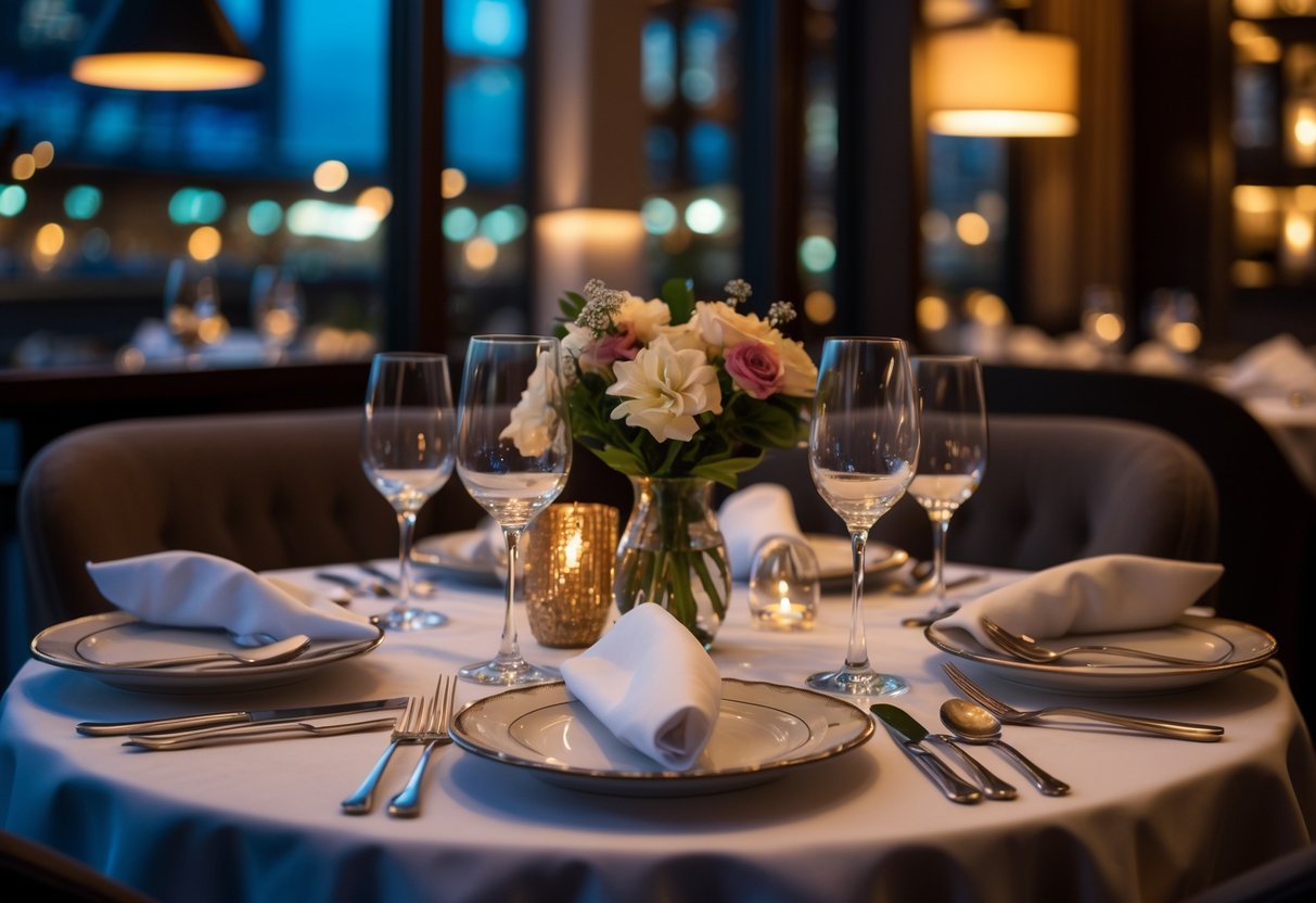 An elegantly set table for two with warm lighting in a stylish restaurant interior.