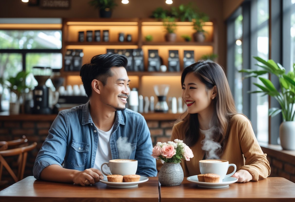 Two people enjoying coffee together at a wooden table inside a cozy coffee shop with natural light and plants.