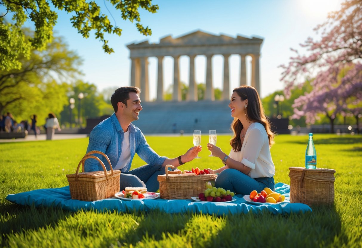 A young couple enjoying a picnic on a blanket in a green park with the Parthenon in the background on a sunny day.