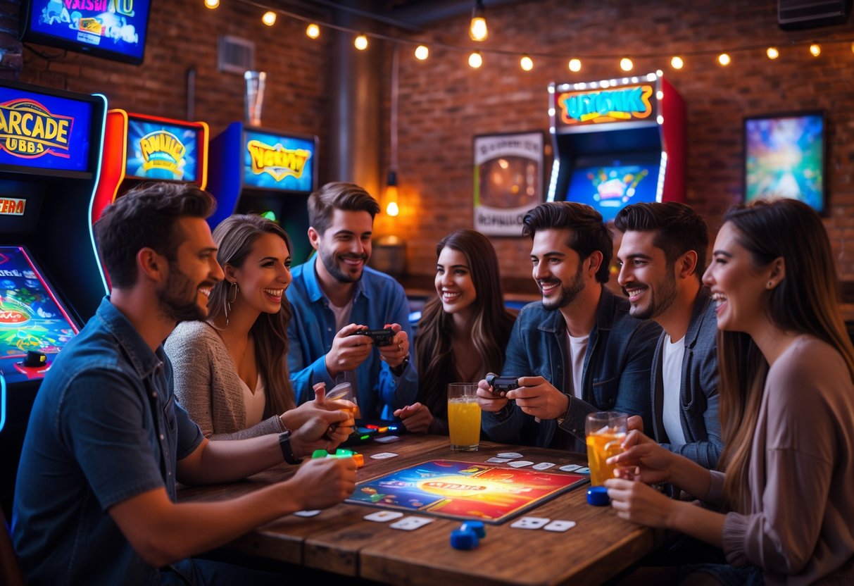 A group of young adults playing arcade and board games together in a lively bar setting with colorful lights.