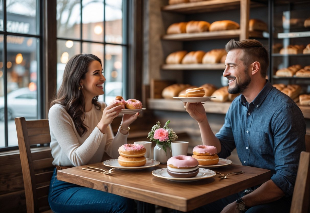 A couple enjoying pastries and coffee together at a small table inside a cozy bakery.