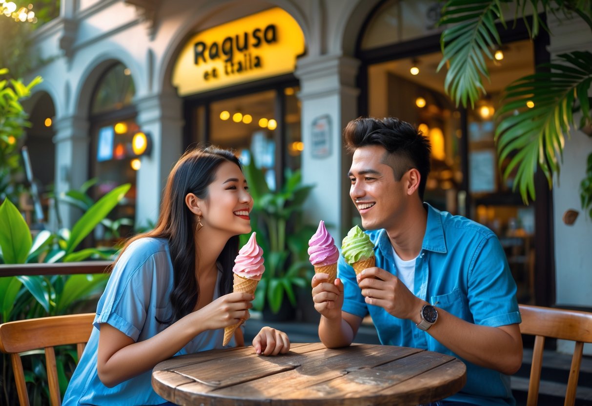 A young couple enjoying ice cream cones at an outdoor table surrounded by greenery at Ragusa Es Italia in Bogor.