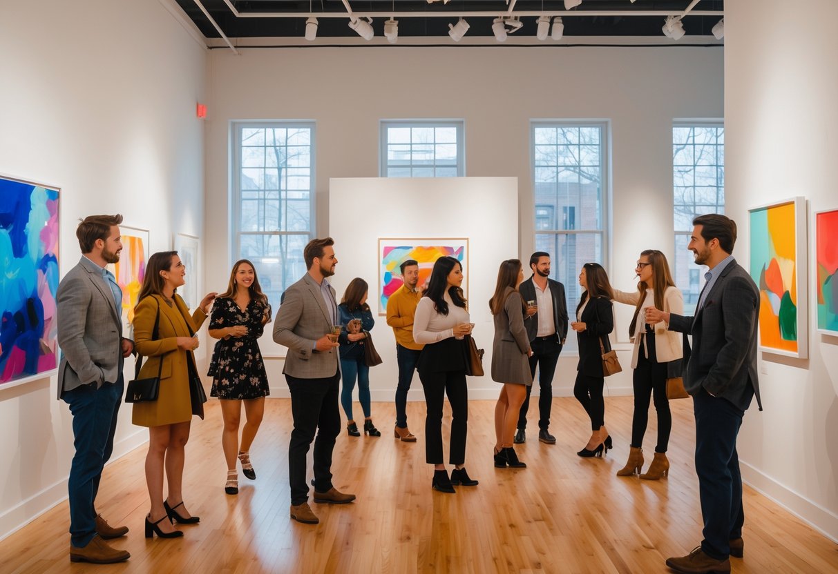 People enjoying an art gallery tour in a bright, modern space with colorful artworks on the walls.