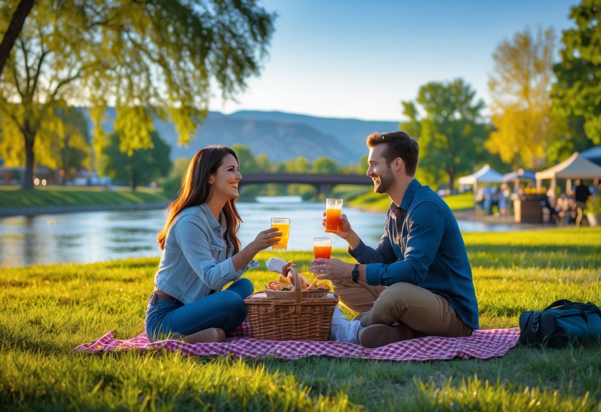 A young couple enjoying a picnic together in a green park by a river with hills in the background during sunset.
