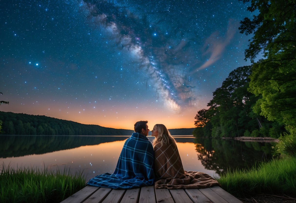 A couple sitting together by a lake at night, looking up at a star-filled sky surrounded by trees.