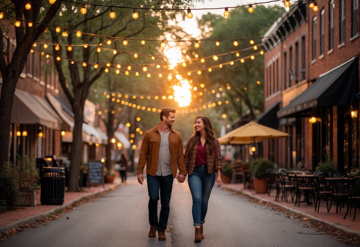 A young couple walking hand-in-hand along a tree-lined street with string lights and cozy cafes at sunset in a Nashville neighborhood.