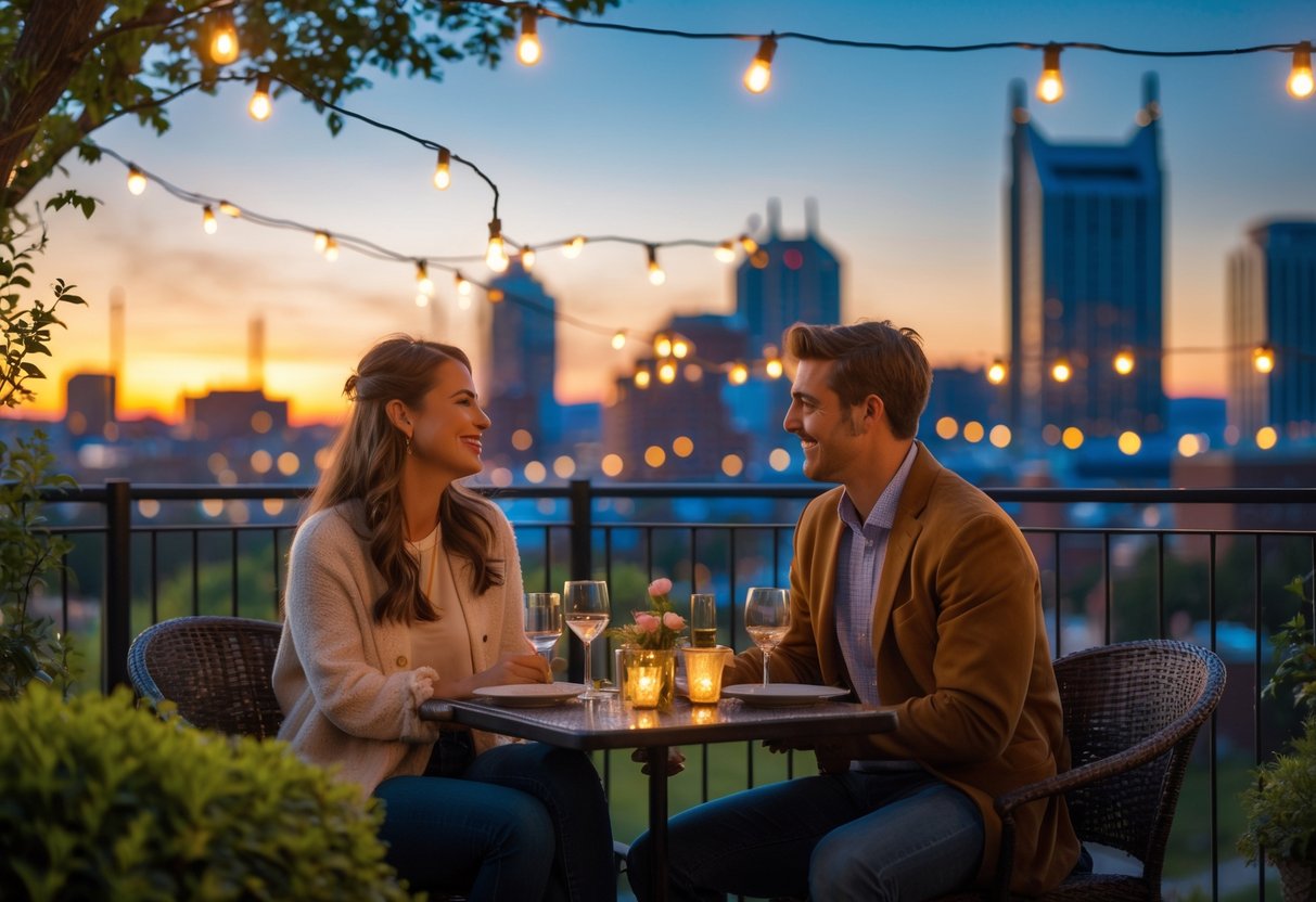 A young couple sitting at a small outdoor table near the Nashville skyline, enjoying a warm and intimate moment during sunset.