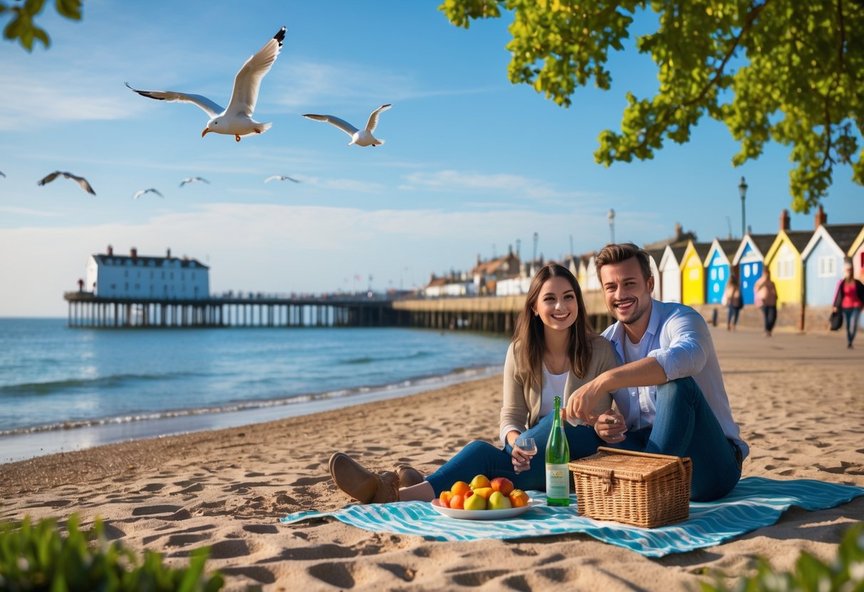 A young couple enjoying a picnic on the sandy beach near a pier in Bournemouth on a sunny day.