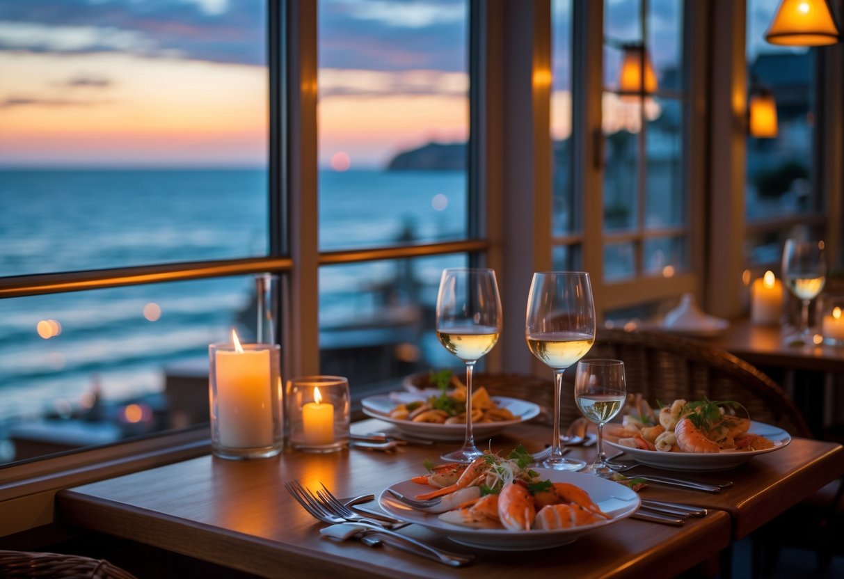 A couple enjoying a romantic dinner at a seaside restaurant with ocean views during sunset.