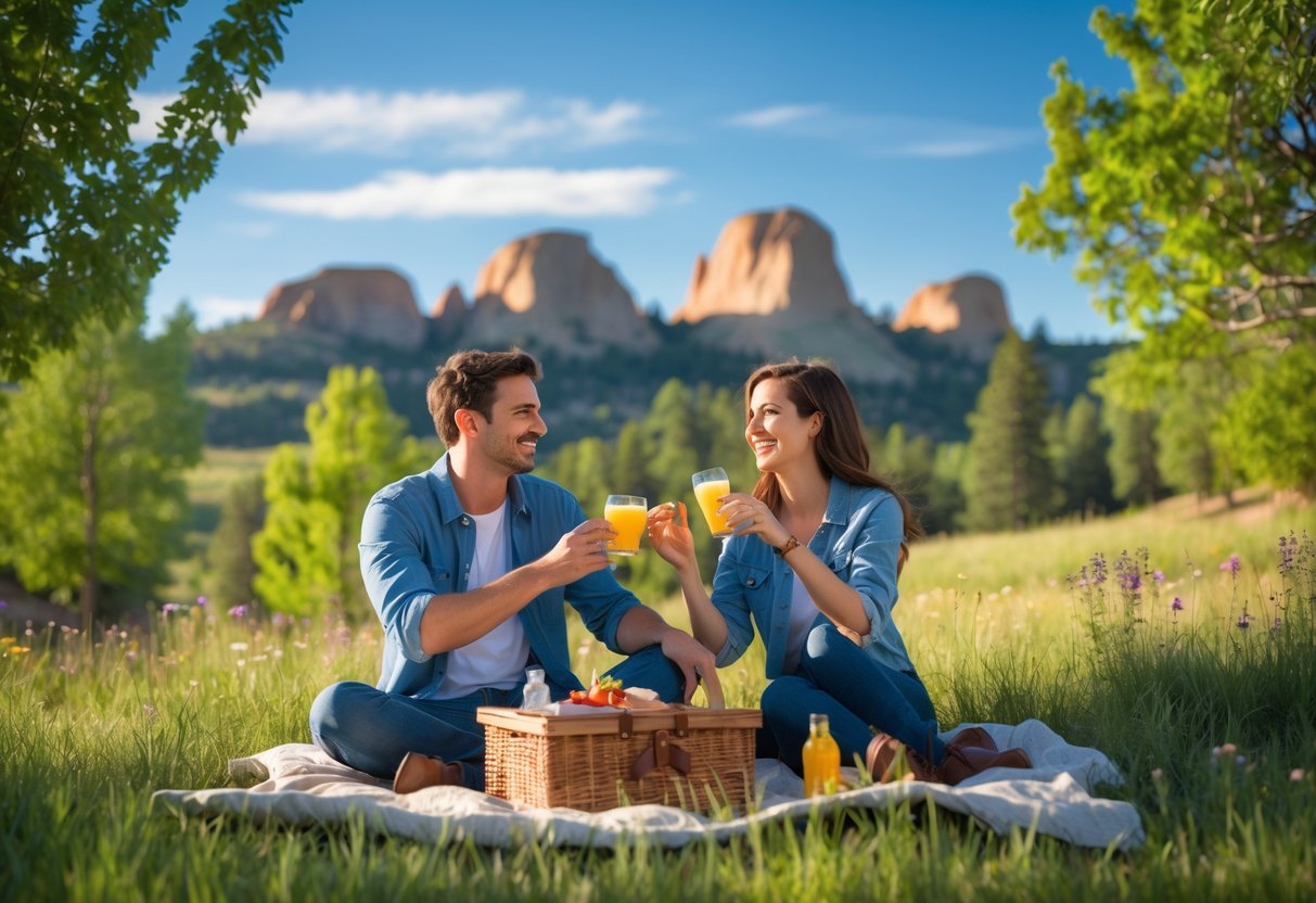 A young couple having a picnic outdoors with the Flatirons rock formations in the background.