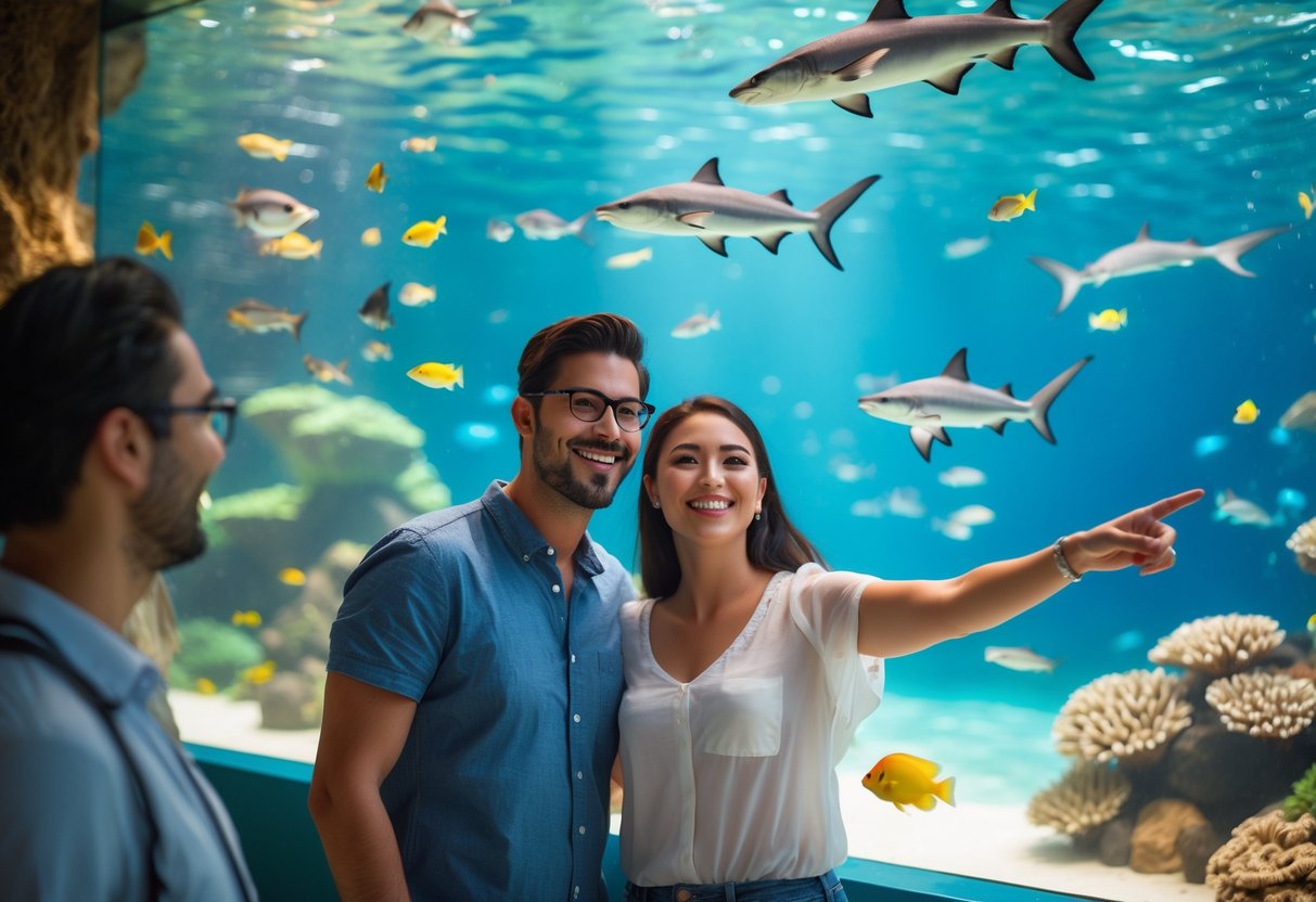 A couple enjoying a visit to an aquarium, looking at colorful fish swimming in a large tank.