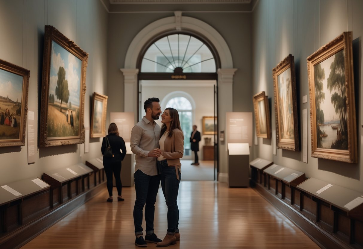 A couple looking at paintings inside an art gallery with elegant decor and soft lighting.