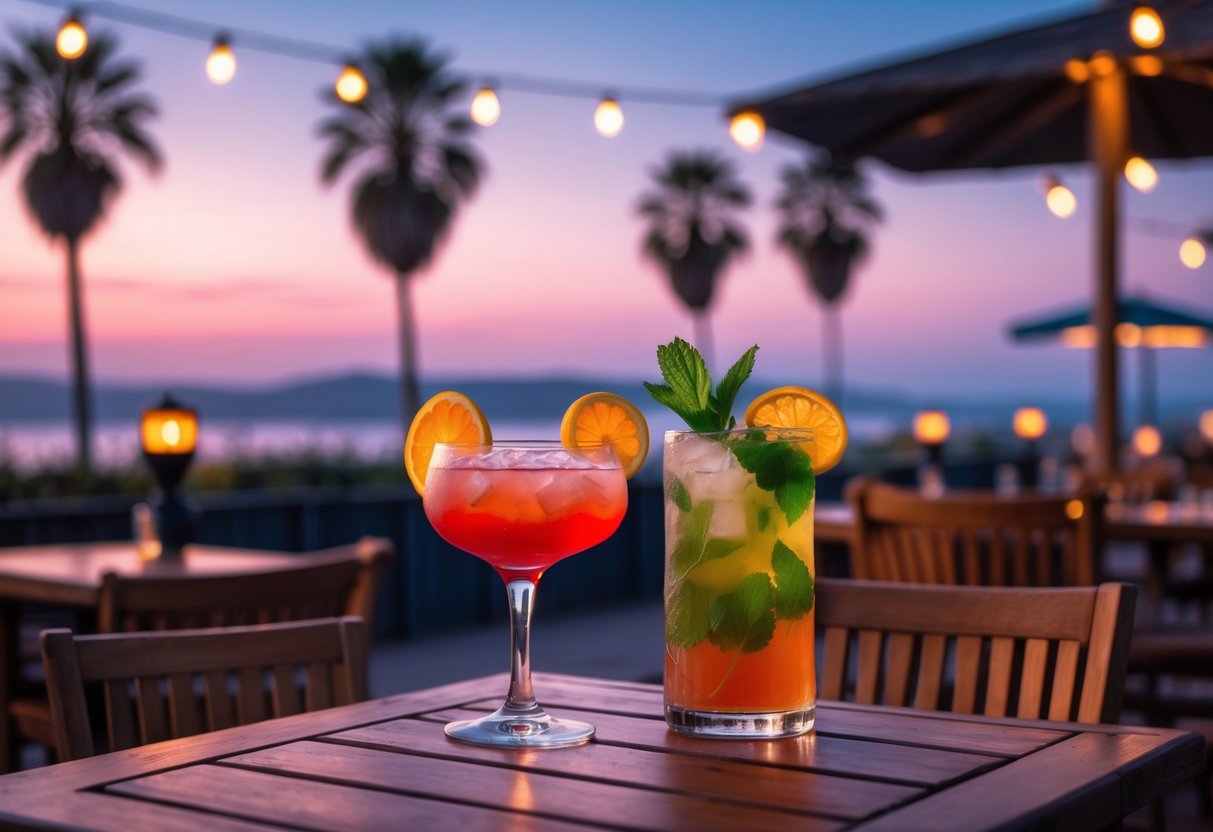 Two colorful cocktails on a wooden table at an outdoor bungalow bar with warm lighting and a beachside background at sunset.
