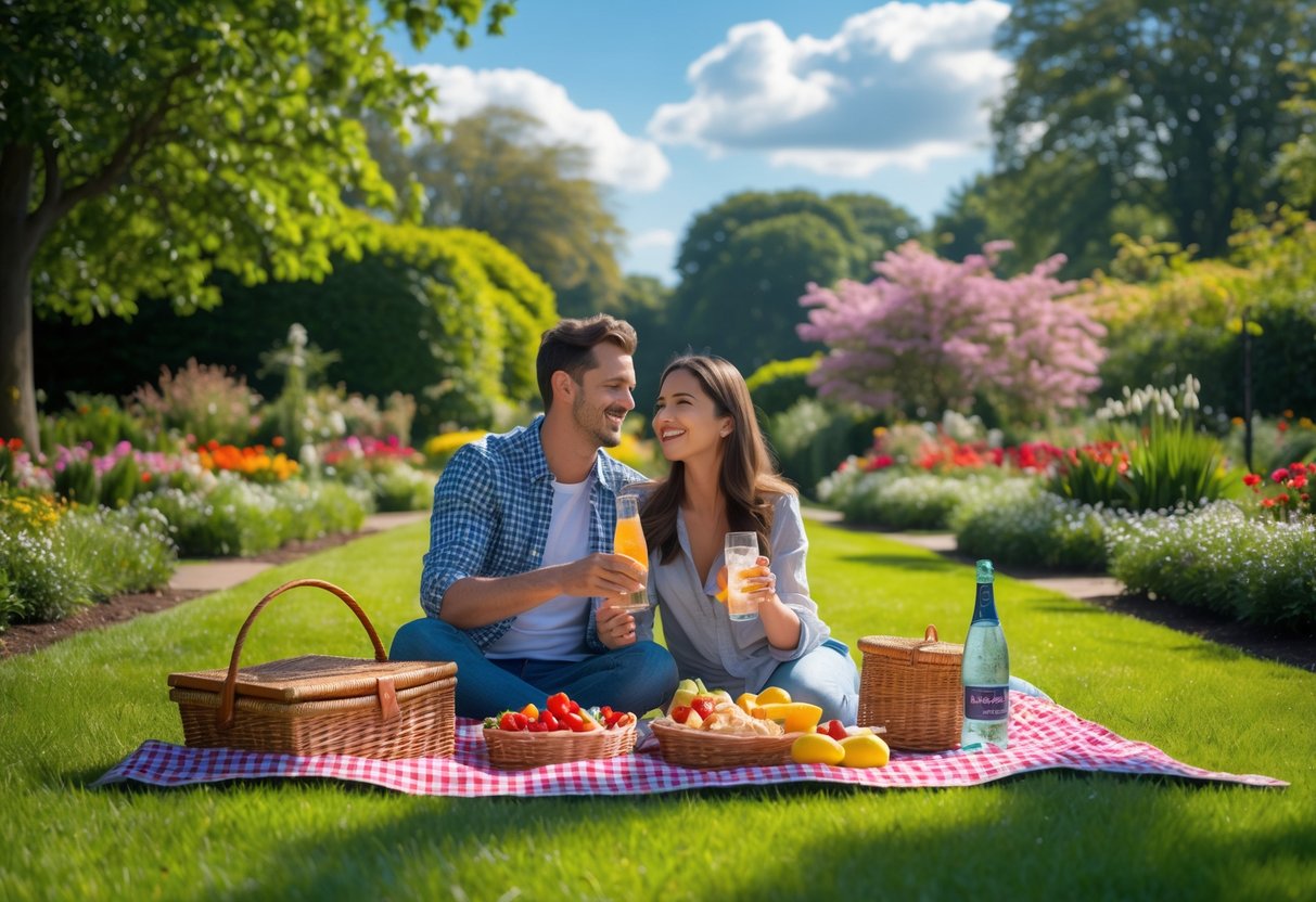 A young couple enjoying a picnic on a blanket in a lush garden with flowers and trees on a sunny day.