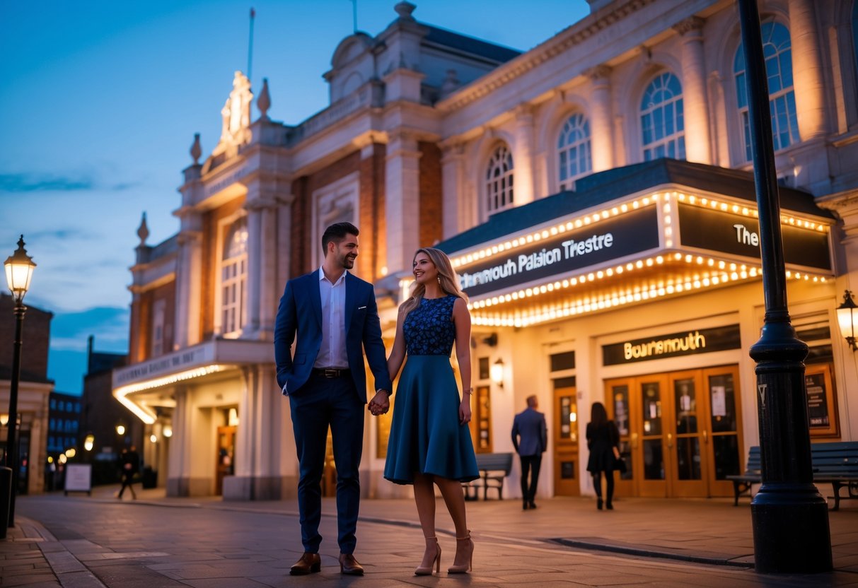 A couple standing outside the illuminated Bournemouth Pavilion Theatre at dusk, holding hands and smiling.