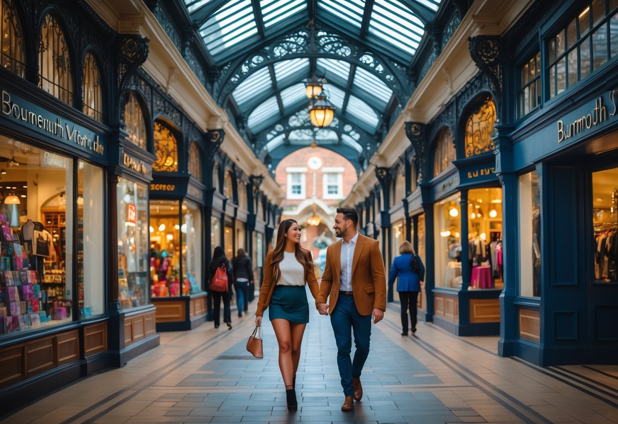 A young couple walking hand-in-hand through a historic indoor shopping arcade with Victorian architecture and boutique shops.