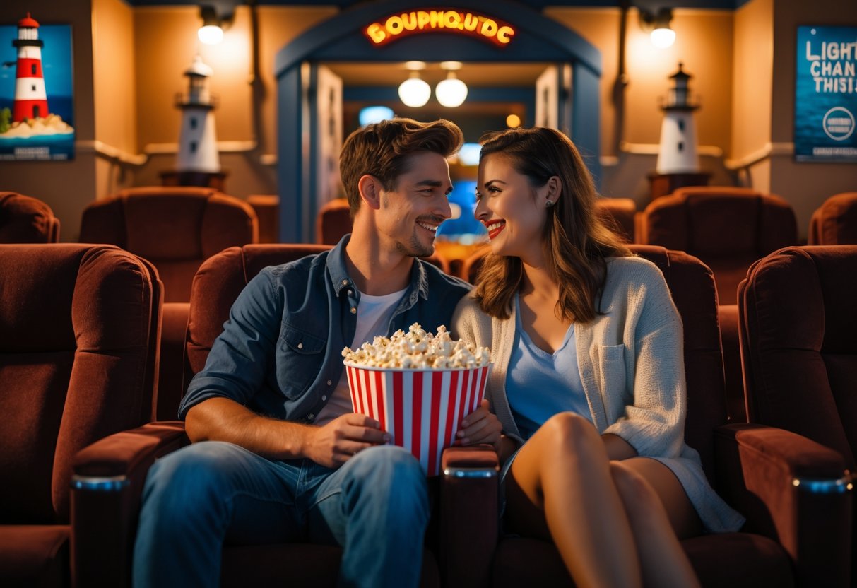 A young couple enjoying a movie night together in a cozy lighthouse-themed cinema.