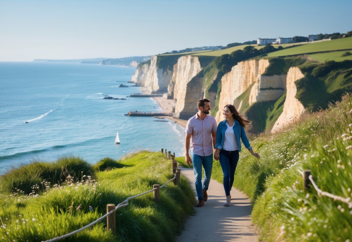 A couple walking hand in hand along a cliff top path overlooking the sea with green grass and wildflowers around them.