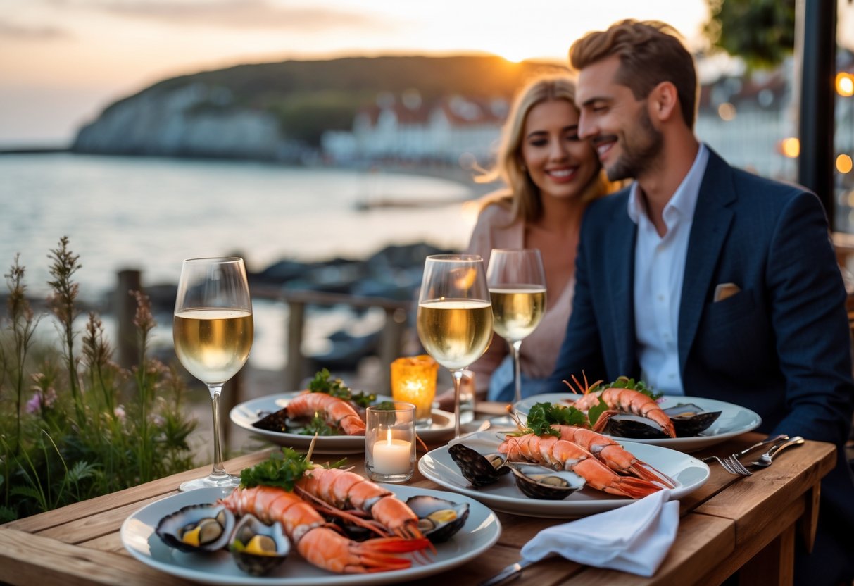 A couple enjoying a seafood dinner at an outdoor restaurant in Bournemouth near the sea.