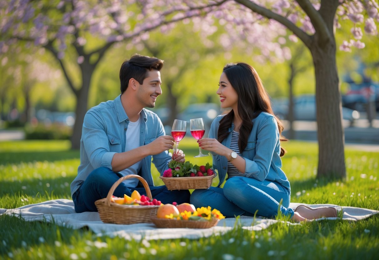 A young couple sitting on a picnic blanket in a park, enjoying a meal together surrounded by trees and flowers.