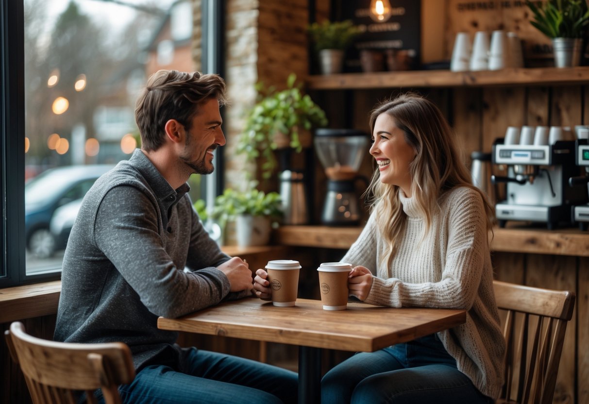 A young couple enjoying coffee together at a small table inside a cozy coffee shop with natural light and warm decor.