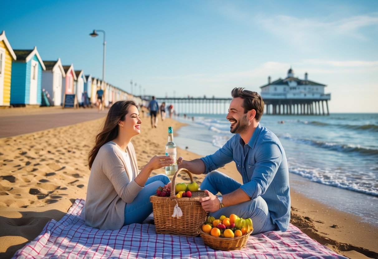 A couple enjoying a picnic on Bournemouth Beach near the pier on a sunny day.