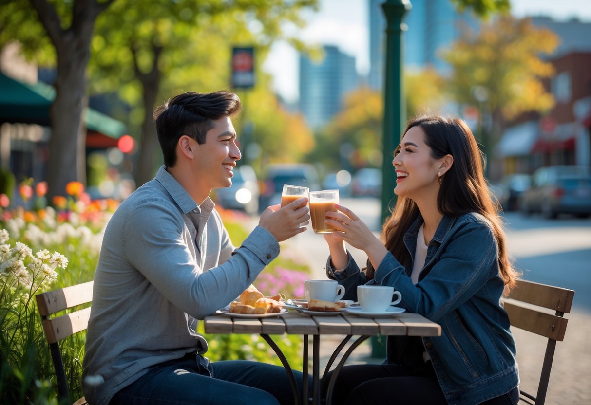 A young couple sitting at an outdoor café table surrounded by greenery, enjoying a sunny day and smiling at each other.