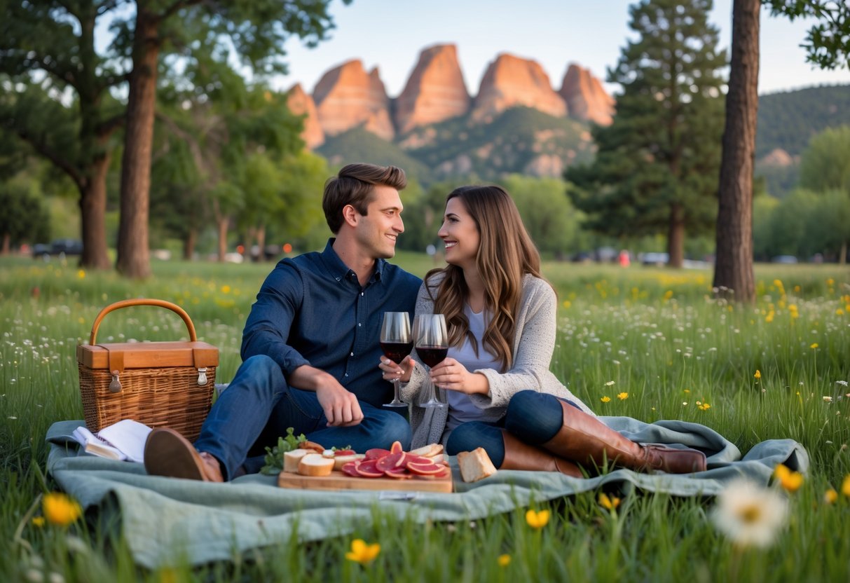 A young couple having a picnic together outdoors with rock formations in the background.