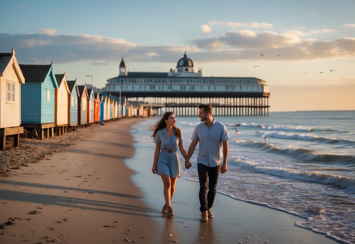A young couple walking hand in hand along a sandy beach near a pier with colorful beach huts and calm sea in the background.
