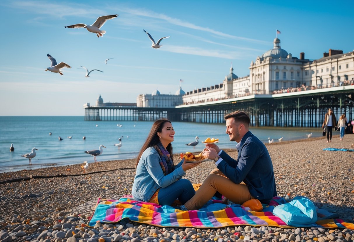 A young couple having a picnic on Brighton Beach near the pier on a sunny day.