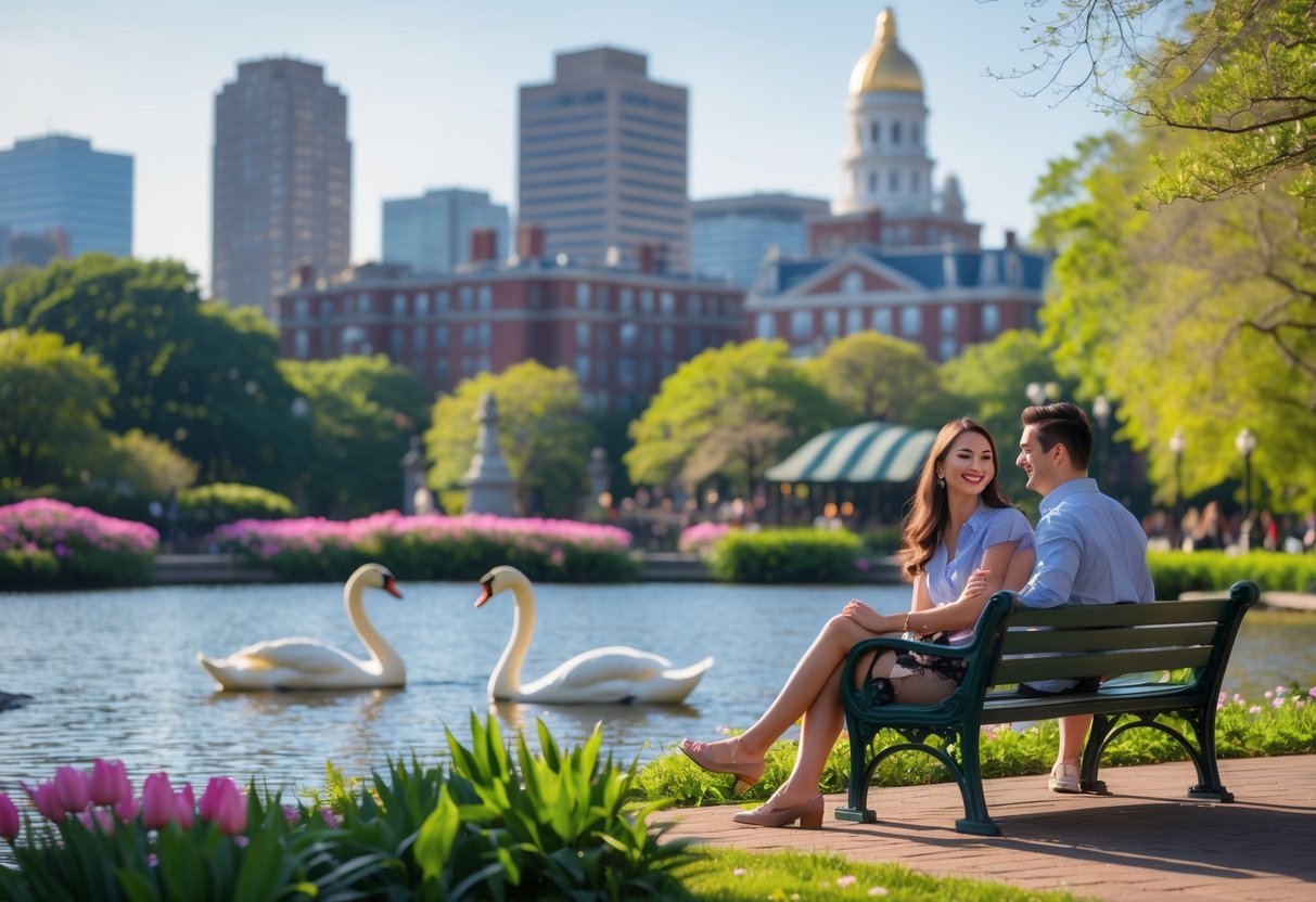 A young couple sitting on a bench near the Swan Boats in Boston Public Garden with the Boston skyline in the background.