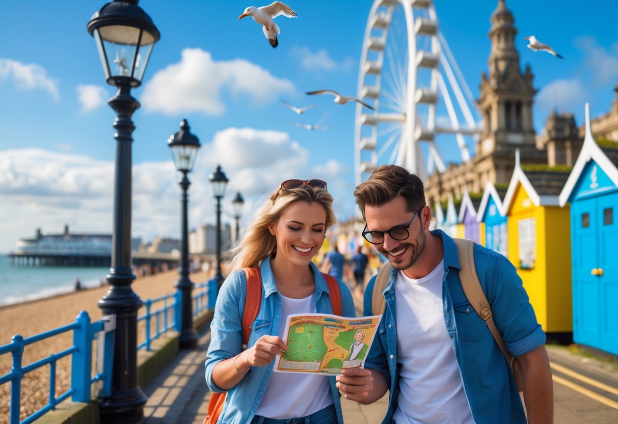 A smiling couple walking along a seaside promenade in Brighton, looking at a treasure map during a sunny day.