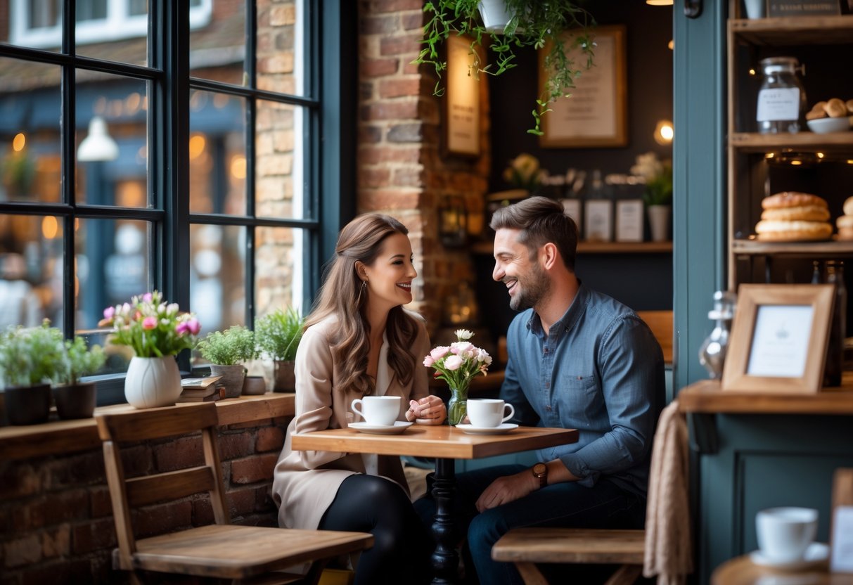 A cosy café table in The Lanes, Brighton, with two people enjoying coffee and conversation in a warm, inviting setting.