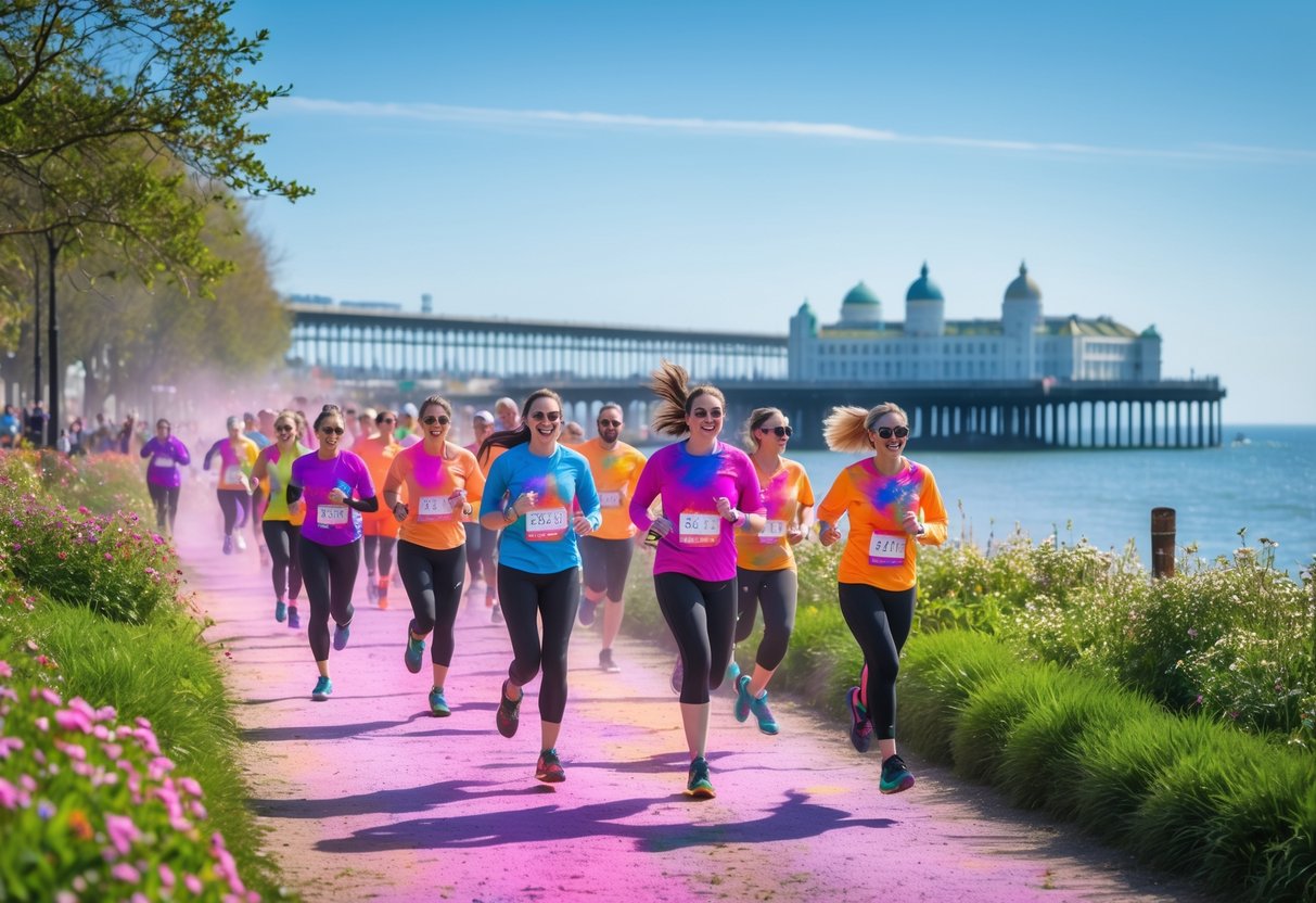 A group of people running together along a coastal path near the Brighton seafront, covered in colorful powder during a fun run event.