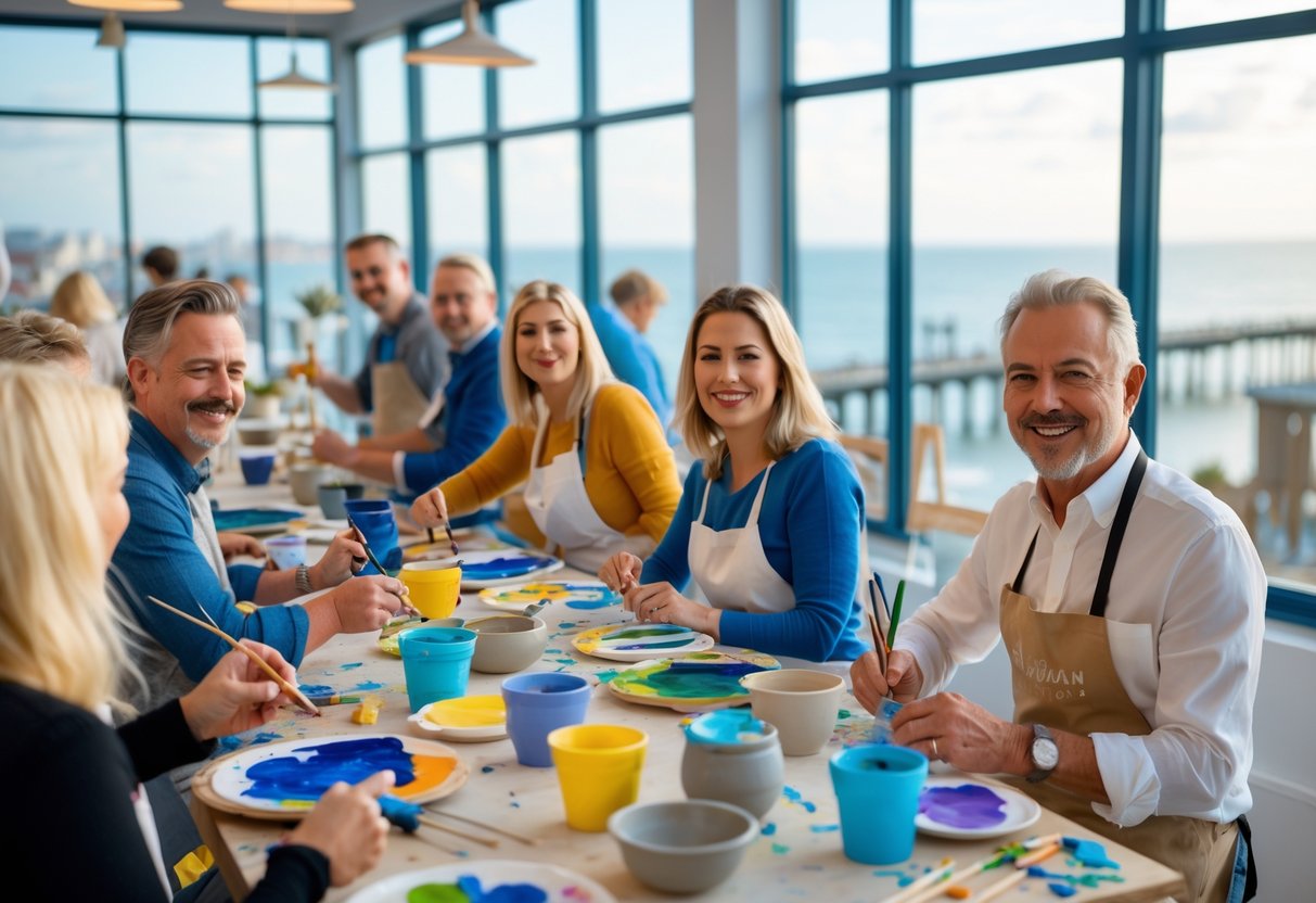 A group of adults engaged in a creative workshop with art supplies in a bright studio overlooking a coastal city.