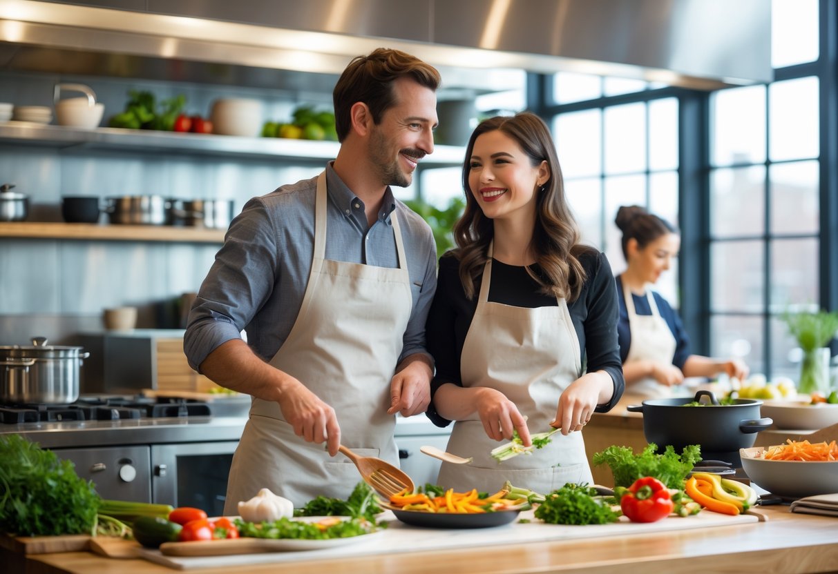 A couple cooking together in a bright kitchen studio, preparing a meal side by side.