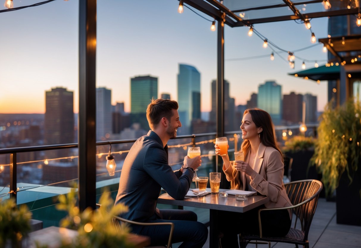 A couple enjoying drinks together at a rooftop bar with a view of the Boston skyline at sunset.