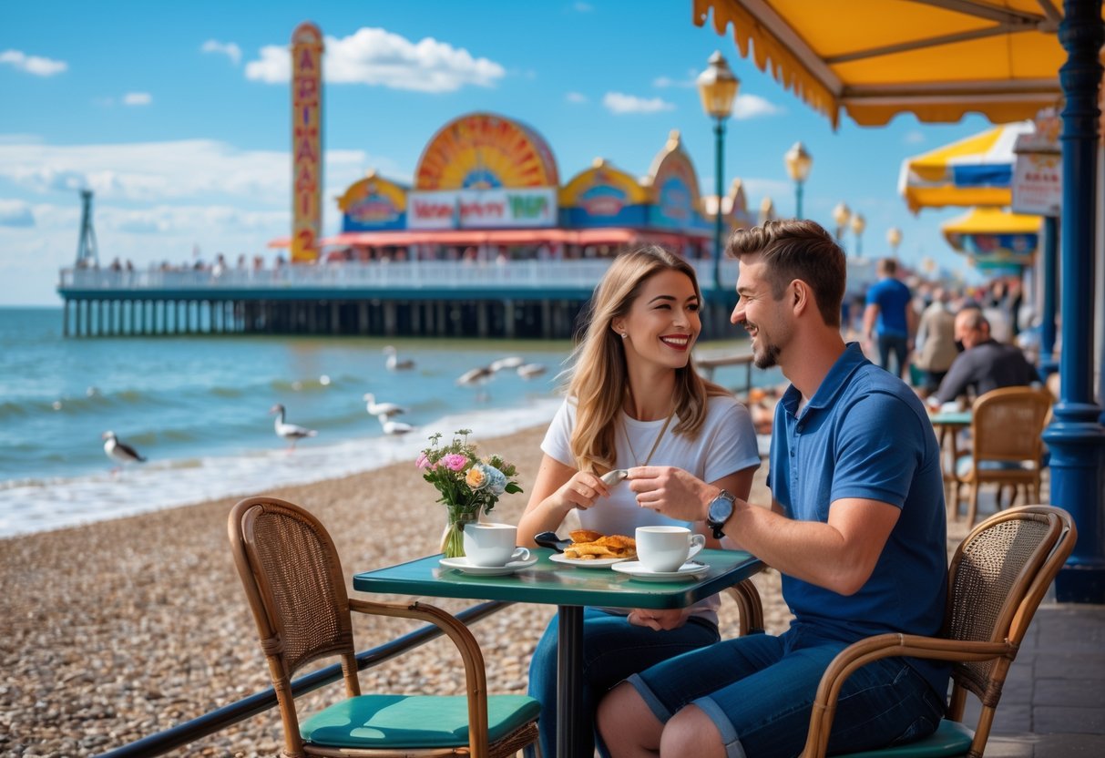 A young couple sitting at an outdoor café near Brighton Palace Pier, enjoying a sunny day by the beach.