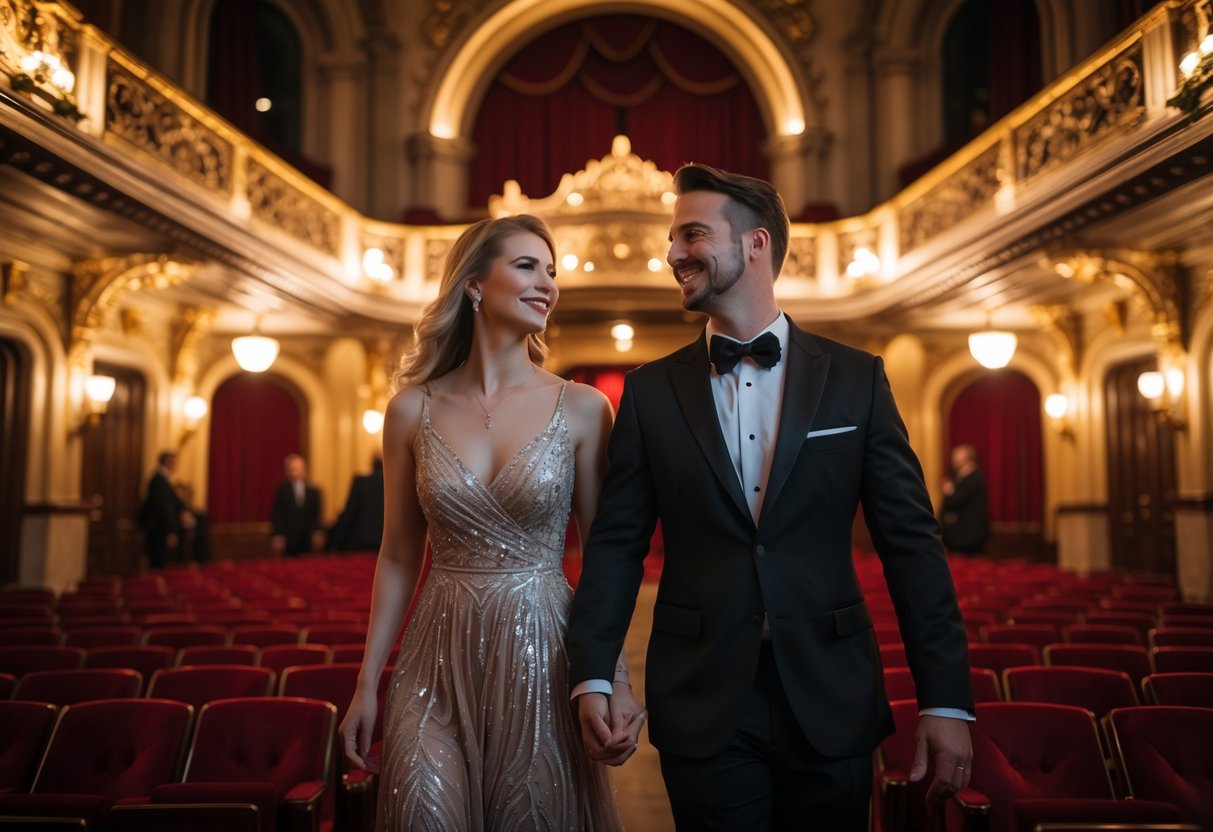 A couple dressed for an evening out entering the Boston Opera House with ornate interior details visible.