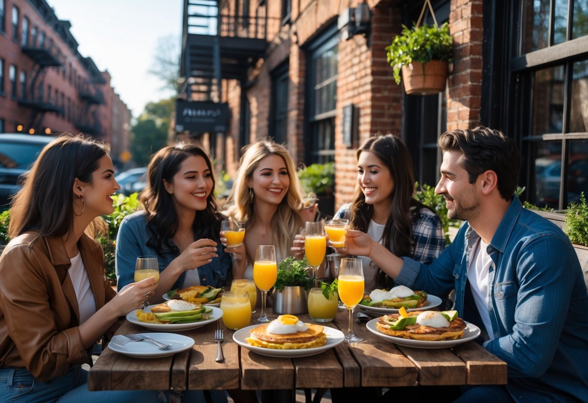 Couples enjoying brunch outdoors at a cozy restaurant patio with plates of food and drinks.