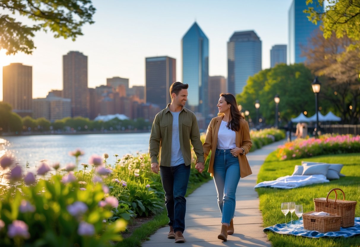 A young couple walking hand-in-hand near the Charles River with the Boston skyline in the background during sunset.